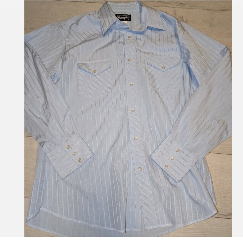 Vintage Wrangler Western Cowboy Pearl Snap Shirt Light Blue Mens Sz L